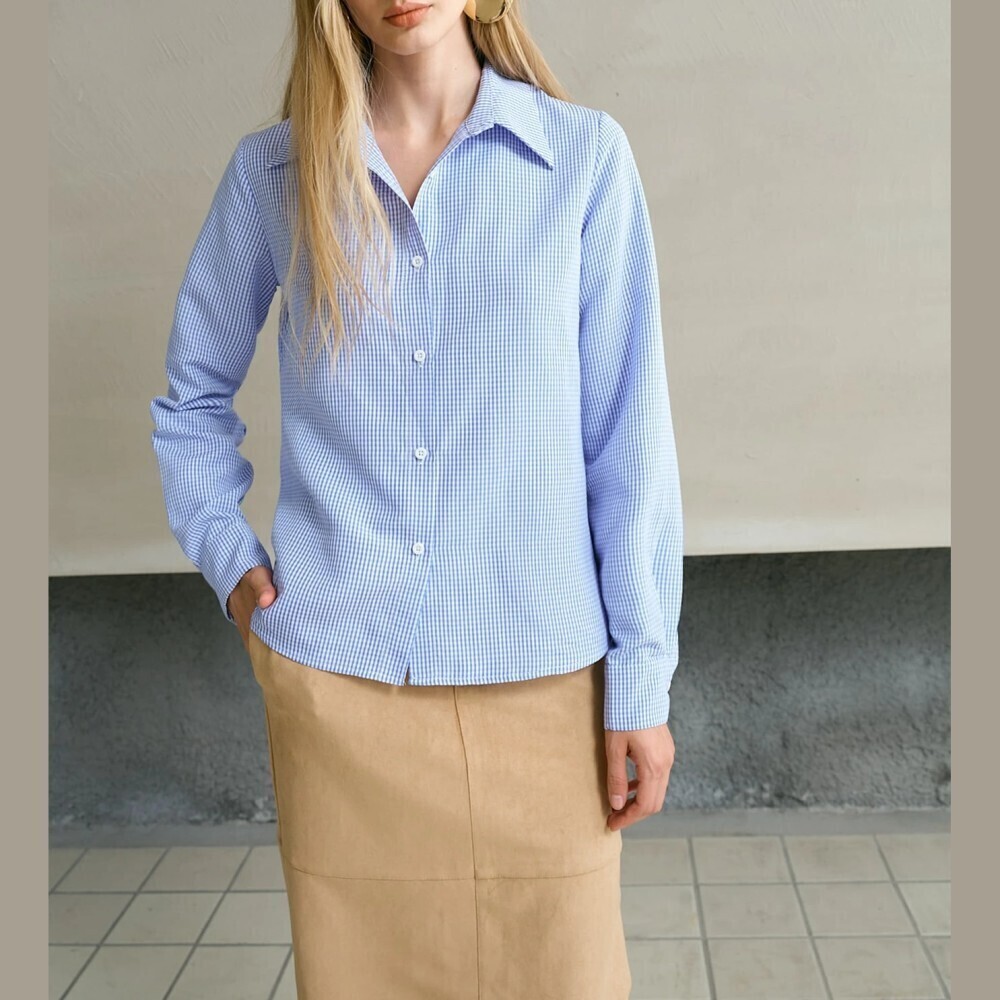 Blue Gingham Check Button Front Long Sleeve Collared Shirt Blouse